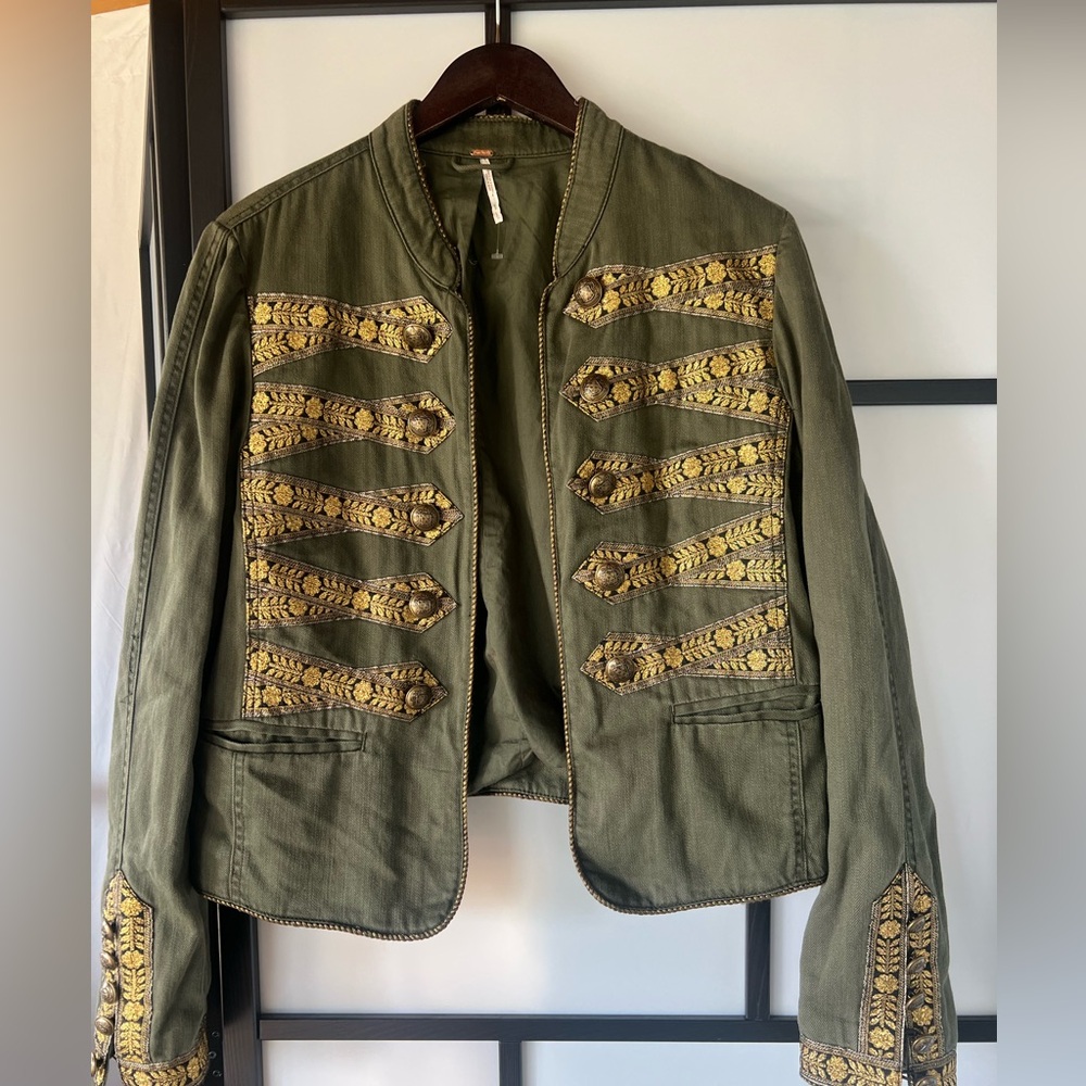 FREE PEOPLE military style  Olive Green Garment with Gold Accents